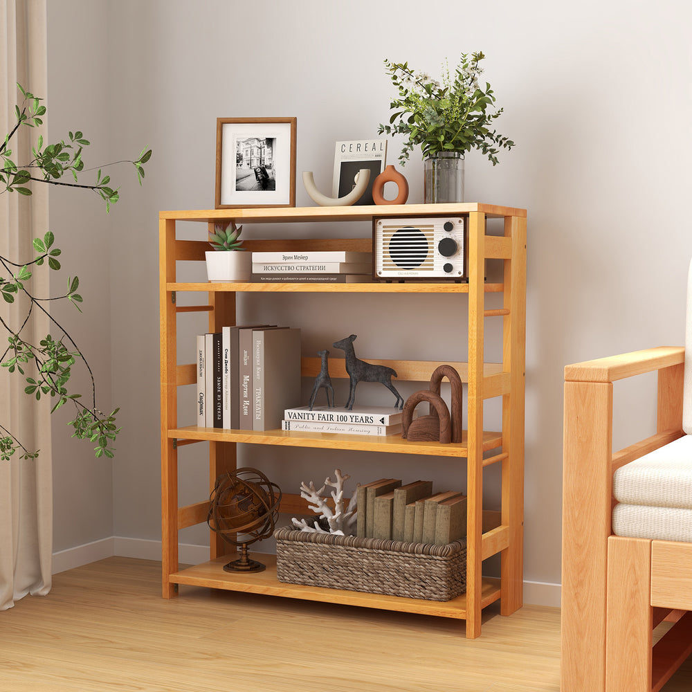 4-Tier Bookshelf Rubber Wood Bookcase with Side Fences for Living Room-29.5 inches - Gallery View 1 of 10