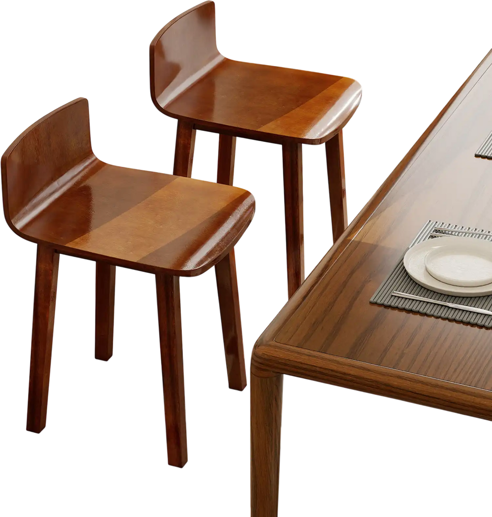 Top view of two brown acacia wood dining chairs showcasing their sleek design and rustic elegance, perfect for various.