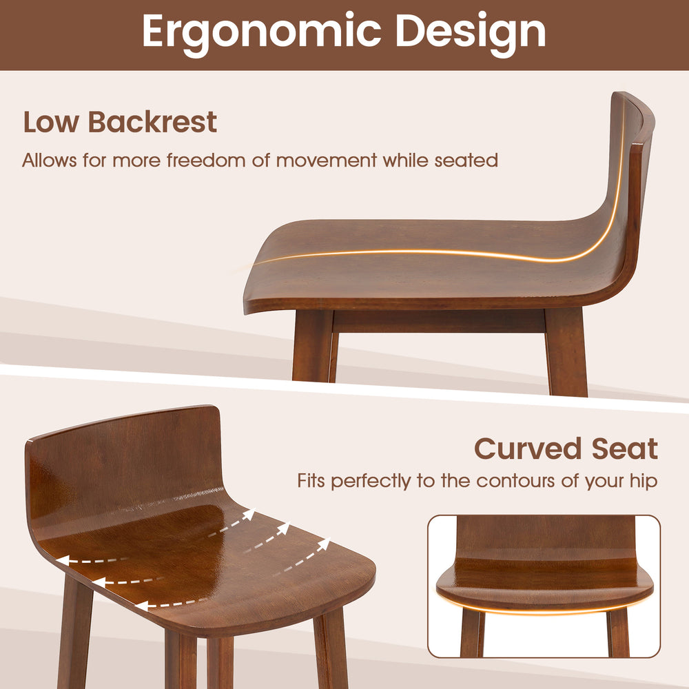 Curved seat and low backrest of brown acacia wood dining chair, designed for comfort and rustic charm in dining areas.