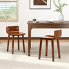 Set of 2 brown acacia wood dining chairs with curved seats, perfect for farmhouse kitchens and dining rooms.