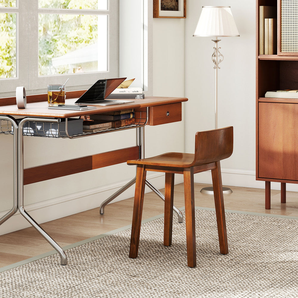 Brown wooden dining chair with smooth round corners, crafted from acacia wood, ideal for kitchen or dining room use.