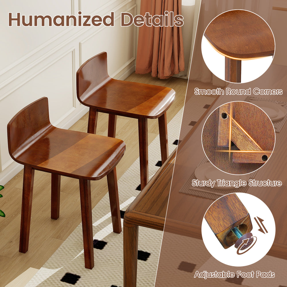 Set of 2 brown acacia wood dining chairs with smooth round corners and adjustable foot pads for balanced seating.