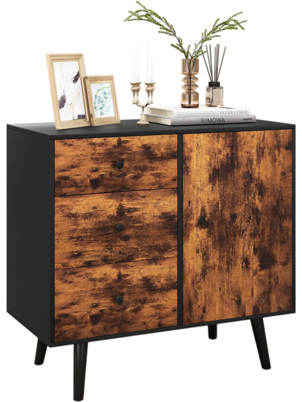 Mid-Century Wood Storage Cabinet with Door and 3 Drawers