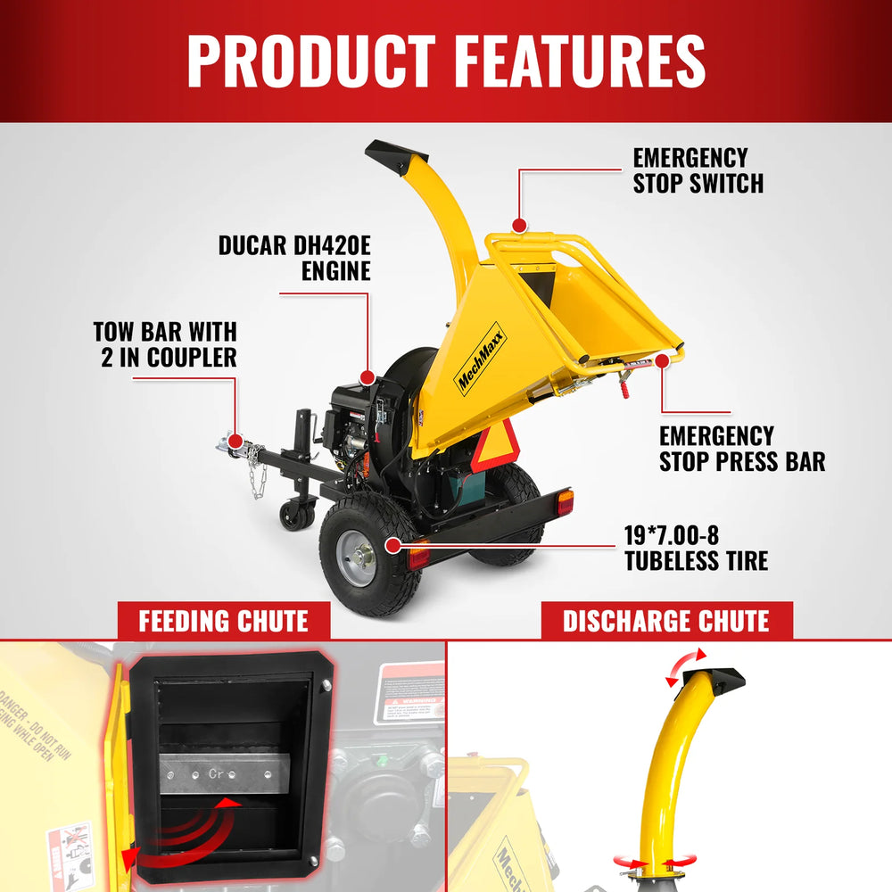 5 inch E-start DUCAR 420cc 15hp Gasoline Engine Powered Disc Wood Chipper with Taillight ,  P4205
