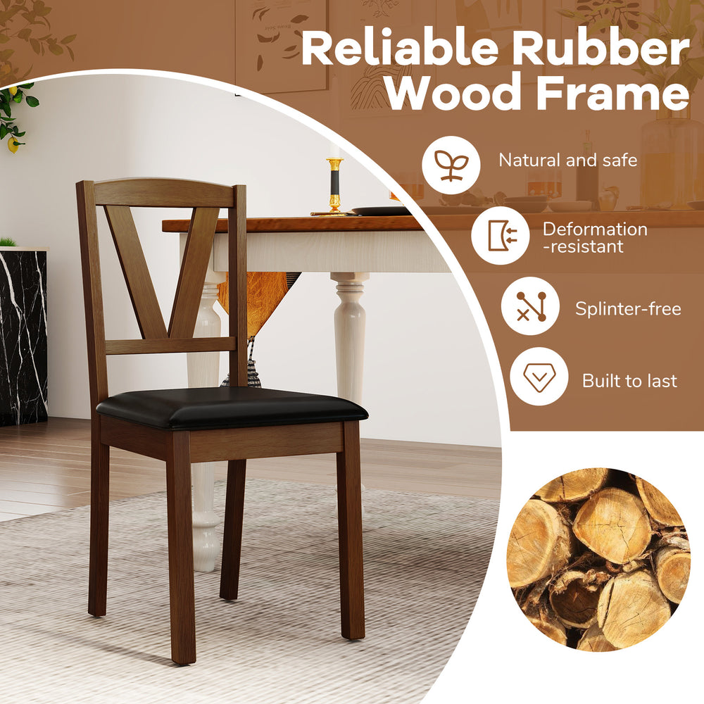 Brown wooden dining chair with PU leather upholstery and rubber wood frame, perfect for home or restaurant settings.