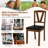 Brown wooden dining chair with PU leather upholstery and V-shaped backrest, perfect for dining rooms and cafes.