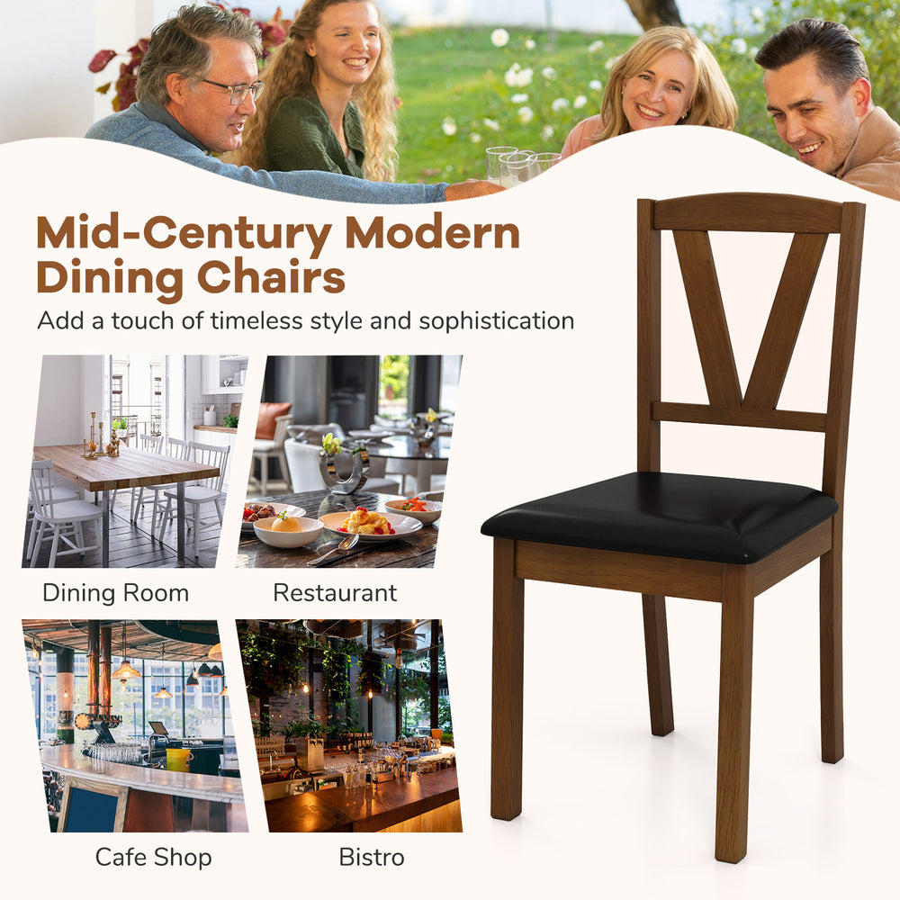 Brown wooden dining chair with PU leather upholstery and V-shaped backrest, perfect for dining rooms and cafes.