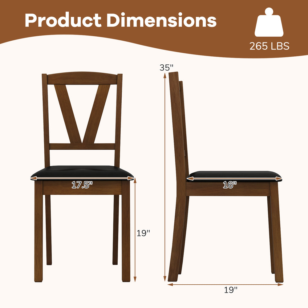 Wooden dining chair dimensions showing a brown PU leather seat and rubber wood frame, suitable for various settings.