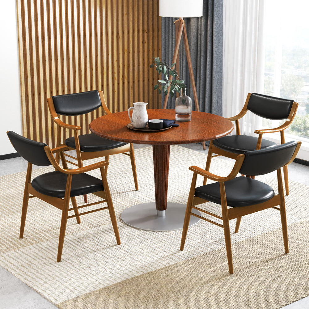 Wooden dining chair set of 2 with padded seats and back, featuring ergonomic armrests and sleek black PU leather.
