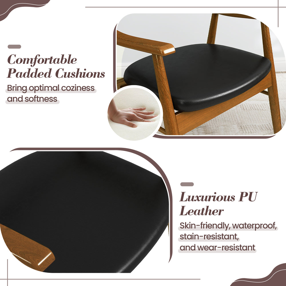 Close-up of the padded seat of a wooden dining chair set, featuring black PU leather for comfort and durability.