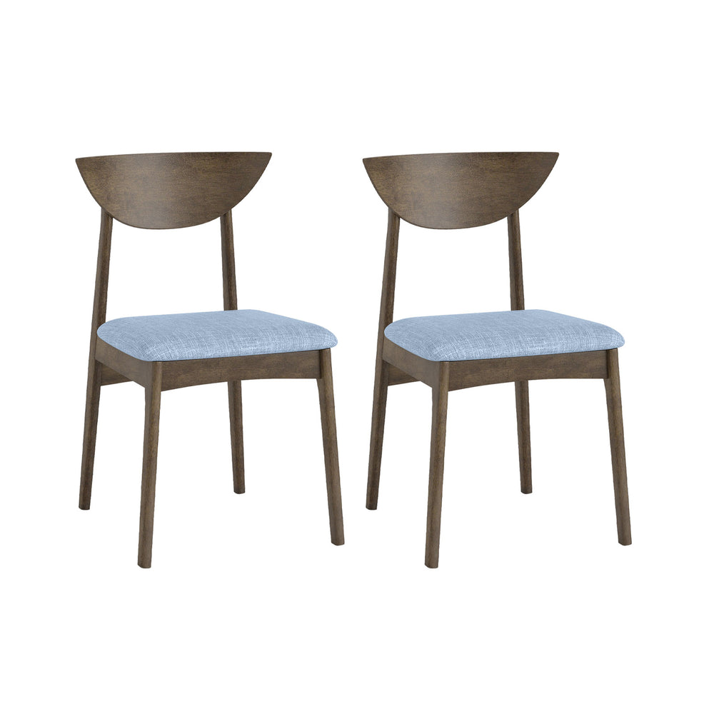 Set of 2 wooden dining chairs with rubber wood legs and soft blue linen cushions, perfect for dining rooms or.