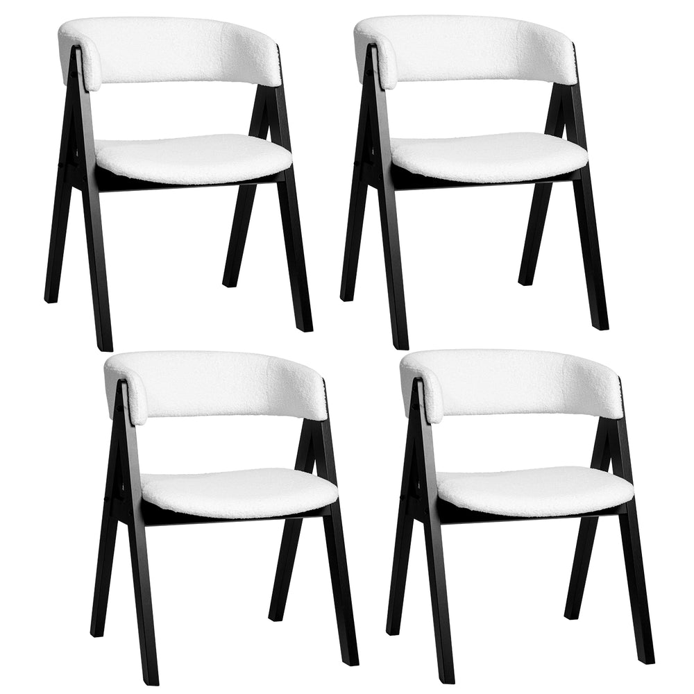 Set of 4 mid-century modern dining chairs with black wood frames and white faux sherpa upholstery for stylish comfort.