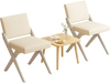 Two white padded dining chairs with rubber wood frames and a small wooden table, perfect for modern farmhouse.