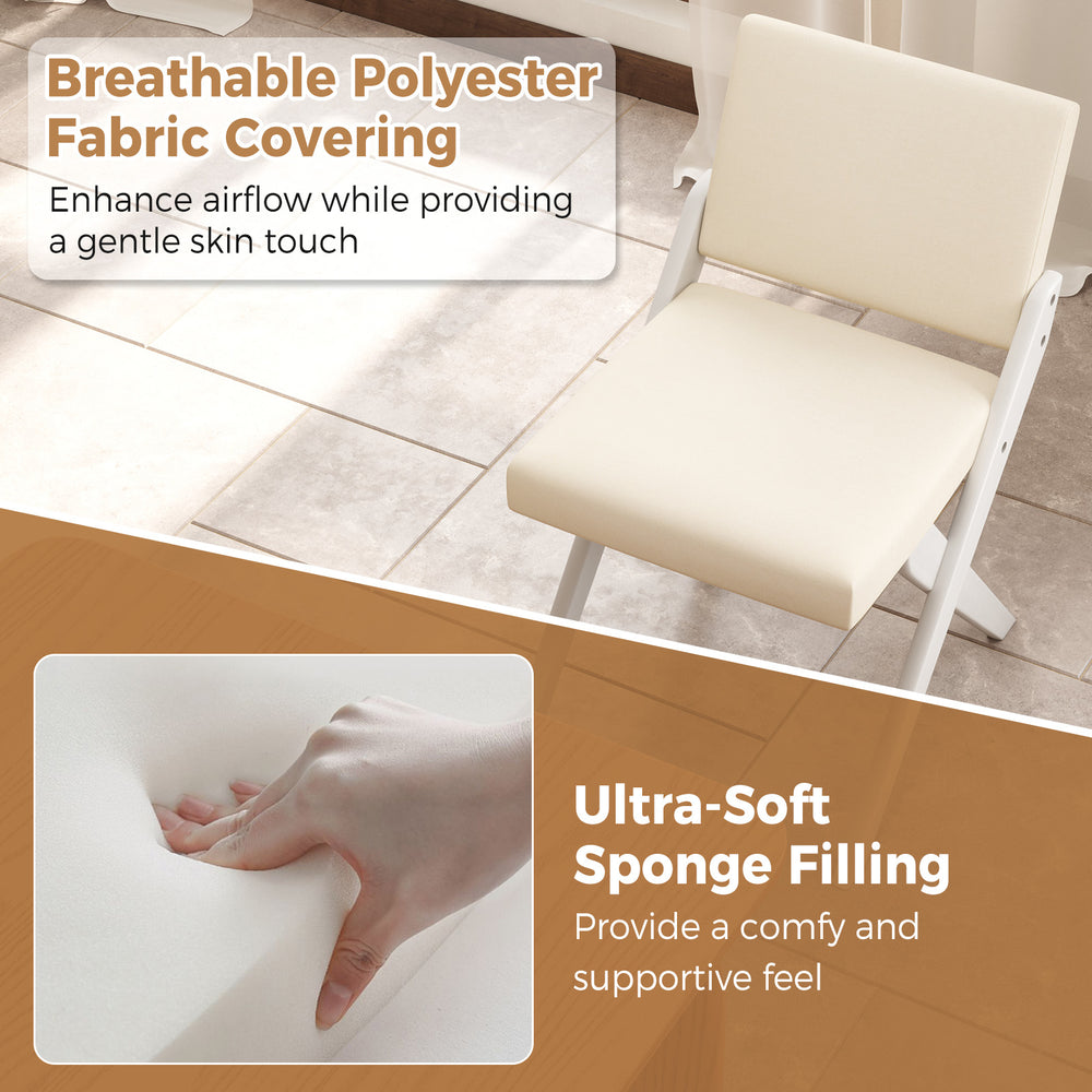 White wooden dining chair with breathable polyester fabric and ultra-soft sponge filling for comfort and support.