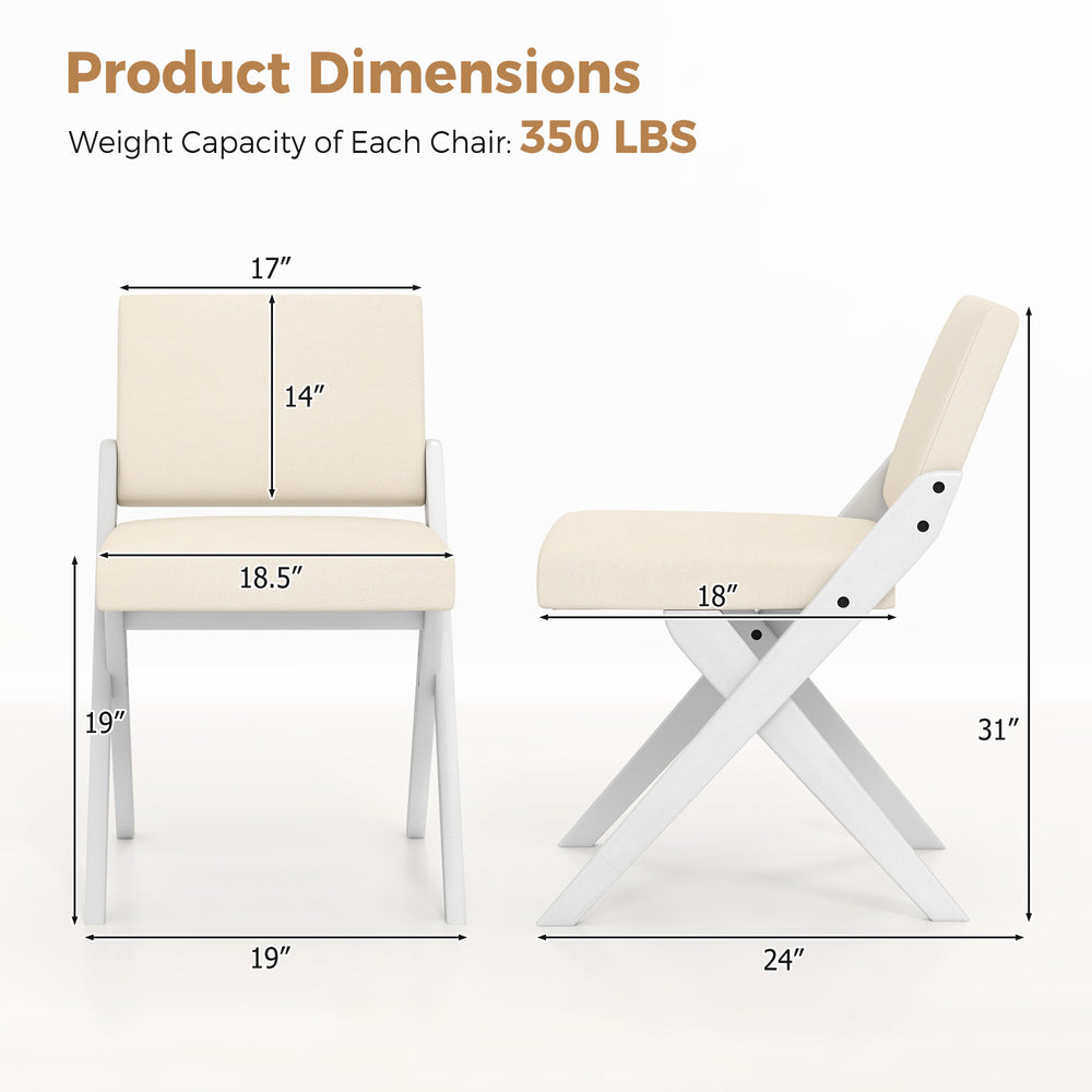Dimensions of white wooden dining chair with rubber wood frame and padded cushions, ideal for modern farmhouse.