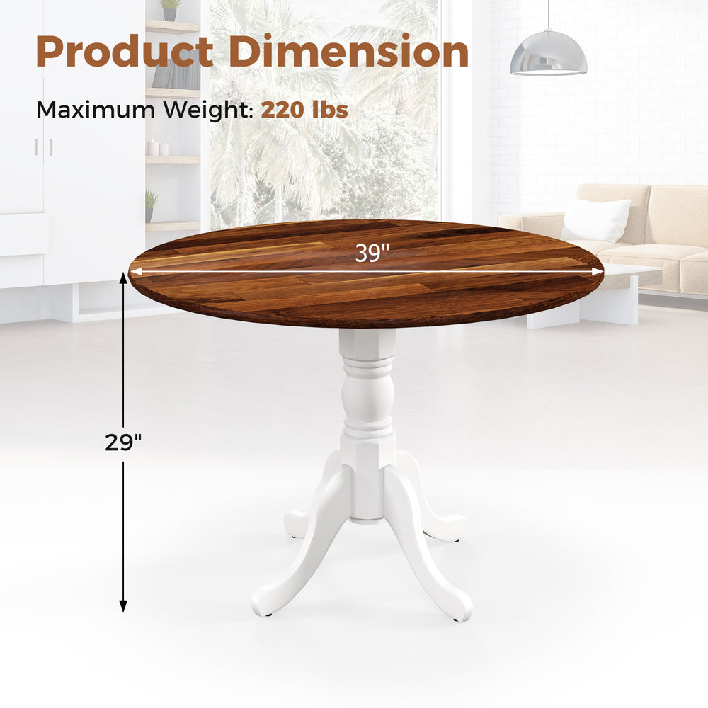 Round wooden dining table with walnut finish and white curved trestle legs, suitable for kitchens and dining rooms.