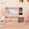 Wooden doctor playset in pink with stethoscope and 24 medical accessories for toddlers, promoting imaginative role play.