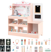 Wooden doctor playset in pink with stethoscope, 24 accessories, and storage shelves for imaginative medical role play.