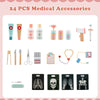 Wooden doctor playset with 24 medical accessories, including stethoscope and syringes, for toddlers' imaginative play.