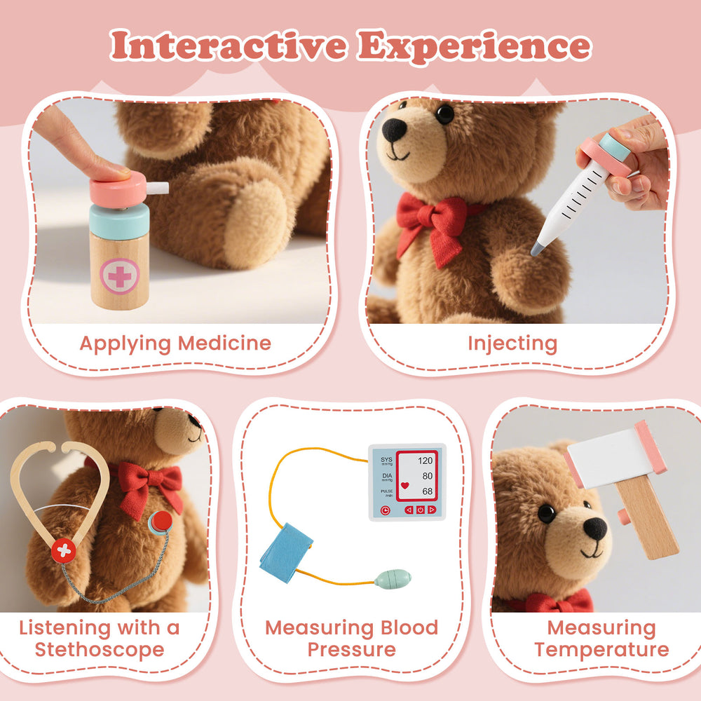 Wooden doctor playset with stethoscope and medical accessories for toddlers, promoting imaginative and educational play.