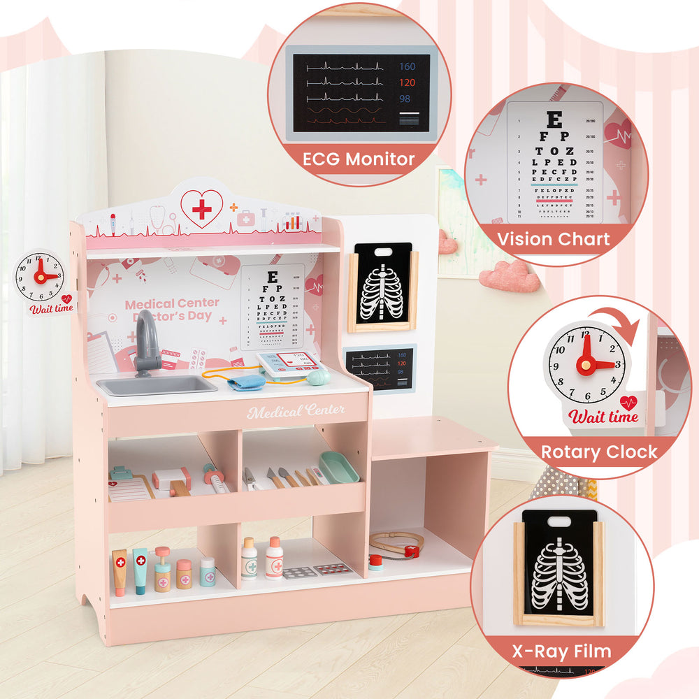 Wooden doctor playset in pink with stethoscope, 24 medical accessories, and storage shelves for imaginative play.