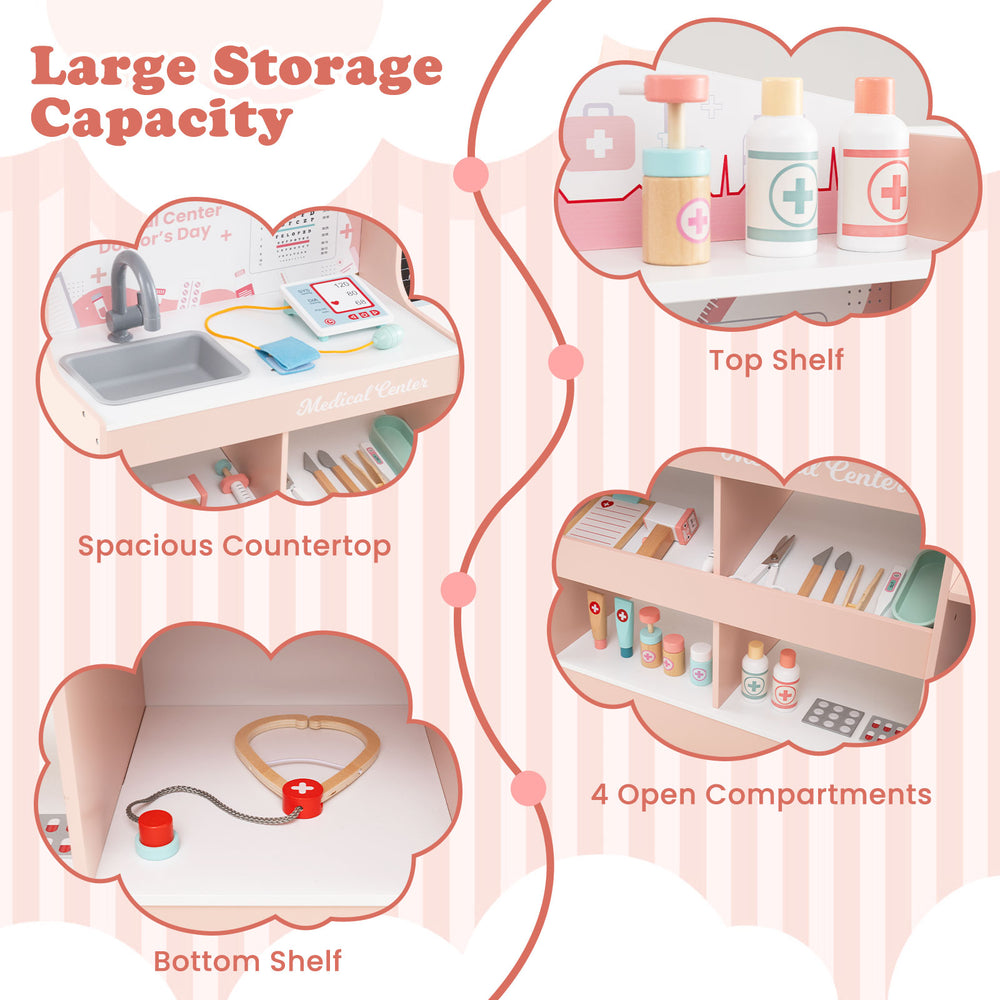 Wooden doctor playset in pink featuring a spacious countertop, large storage capacity, and 24 medical accessories for.