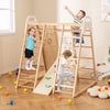 Wooden jungle gym playset with slide and monkey bars, featuring climbing options for multiple kids to enjoy safely.