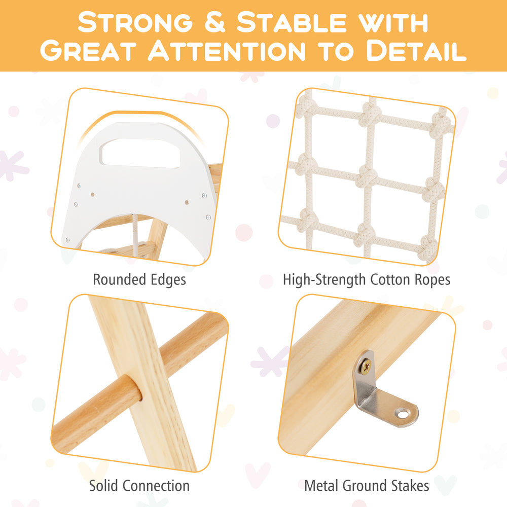 Detail of the 8-in-1 wooden jungle gym showing rounded edges, high-strength cotton ropes, and solid connections for.