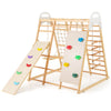 Wooden jungle gym playset featuring a slide, monkey bars, climbing net, and colorful grips for kids' active play.