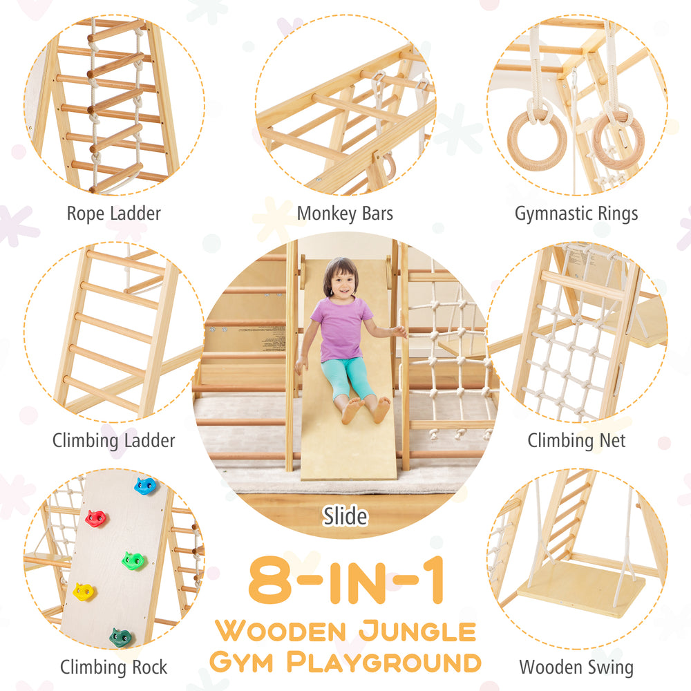 8-in-1 wooden jungle gym playset featuring a slide, monkey bars, and climbing net for kids' active play and exercise.