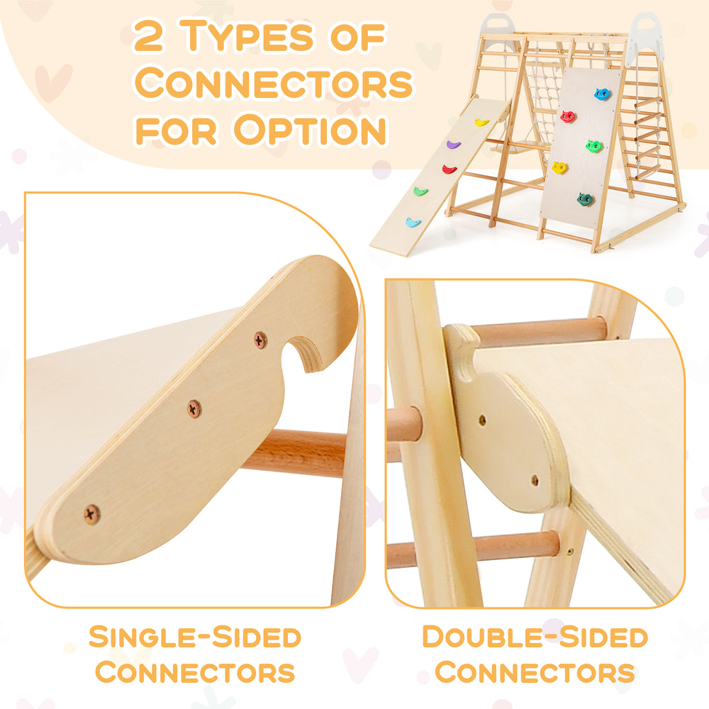 Single-sided and double-sided connectors for the 8-in-1 wooden jungle gym playset, ensuring stability and versatility.