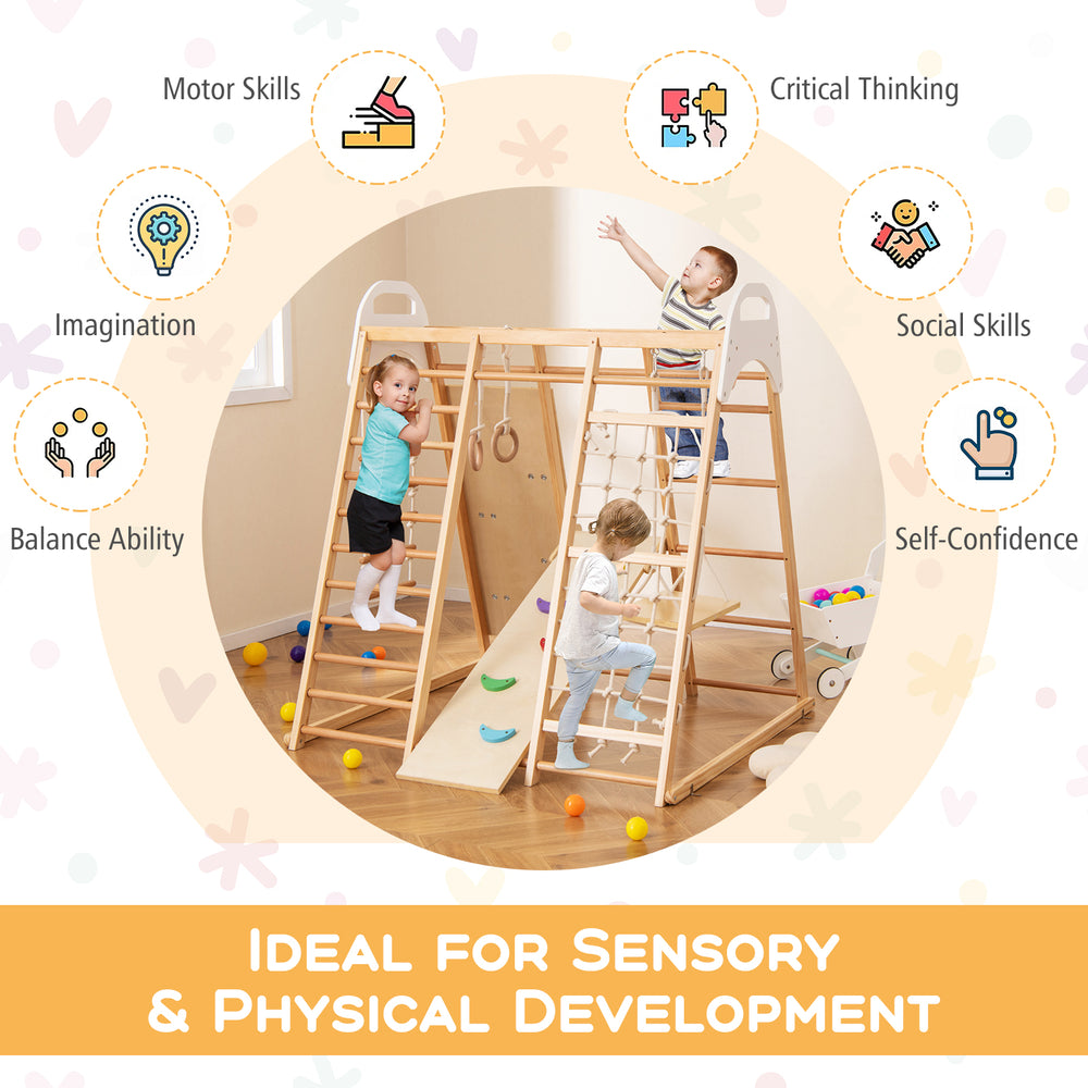 8-in-1 wooden jungle gym playset with slide and monkey bars, designed for safe play and physical development for kids.