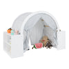 Wooden kids play tent with curtain shades and 8 cubbies, spacious for 2-3 kids, made from MDF and solid pine wood.