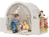 Wooden kids play tent with curtain shades and 8 cubbies, spacious for 2-3 children, made from MDF and solid pine wood.