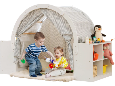 Costway Wooden Kids Play Tent w/ Curtain Shades & 8 Cubbies White 517369428 New
