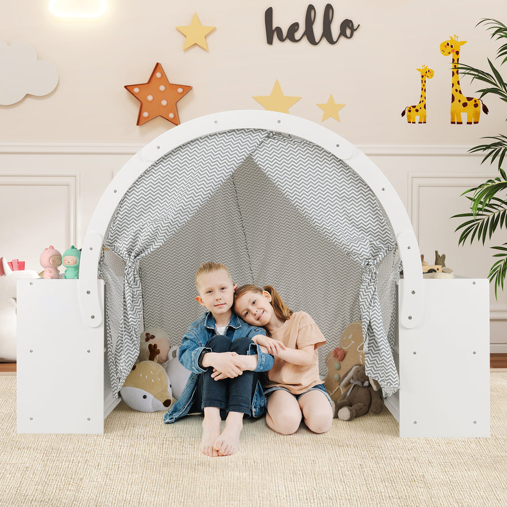 Wooden kids play tent with curtain shades, featuring 8 cubbies for organized play, suitable for 2-3 children.
