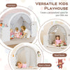 Wooden kids play tent with curtain shades and cubbies, spacious for 2-3 children, ideal for play and reading.