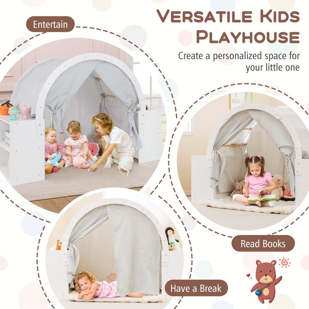 Wooden kids play tent with curtain shades and cubbies, spacious for 2-3 children, ideal for play and reading.