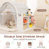 Wooden kids play tent with curtain shades, featuring 8 cubbies and 2 countertops for organized playtime storage.