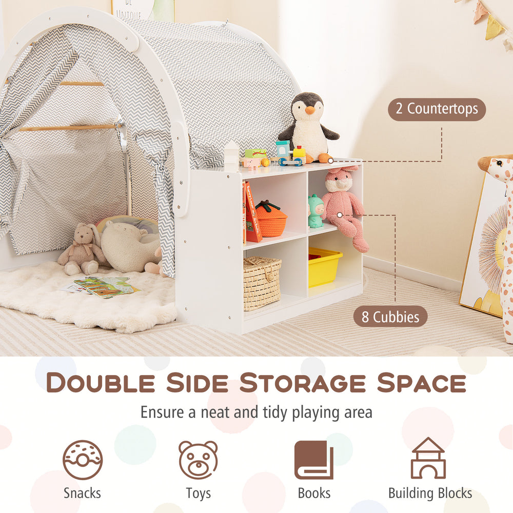 Wooden kids play tent with curtain shades, featuring 8 cubbies and 2 countertops for organized playtime storage.