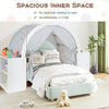 Wooden kids play tent with curtain shades, featuring 46" inner space, suitable for 2-3 kids, and 8 cubbies for storage.