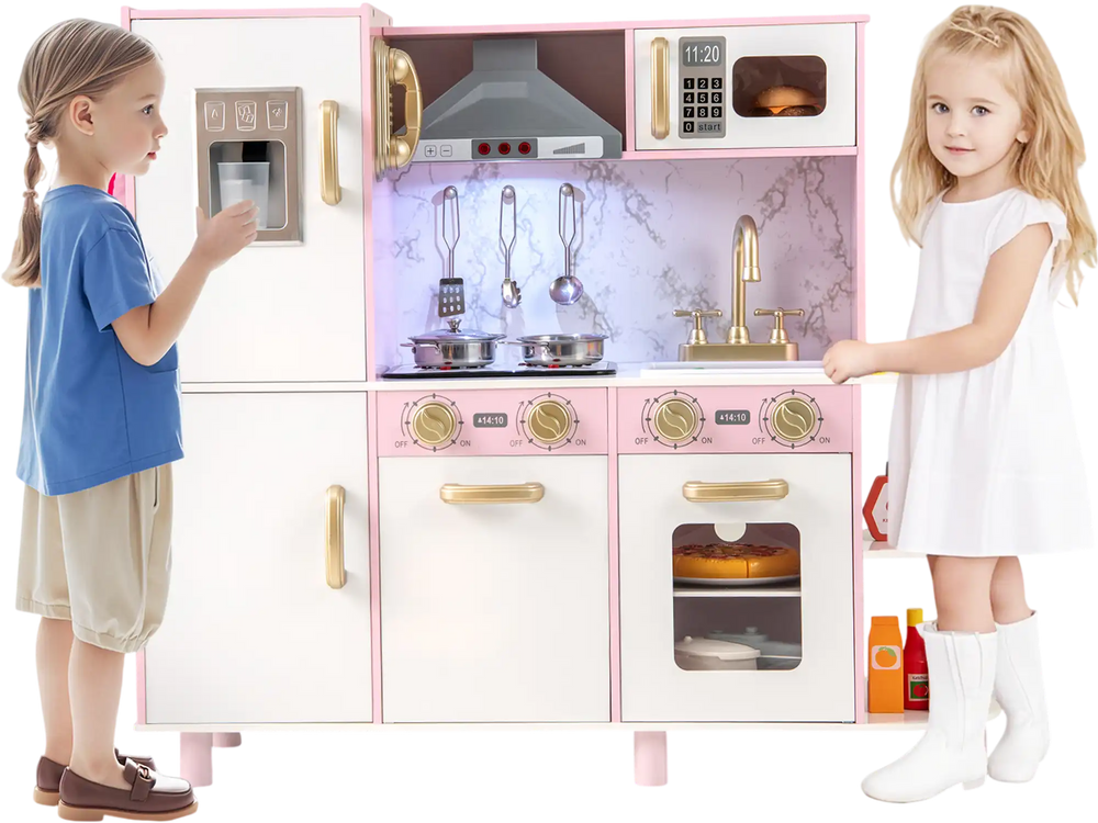 Wooden kitchen playset in pink with ice maker, lights, and sounds, perfect for imaginative play for kids aged 3 and up.
