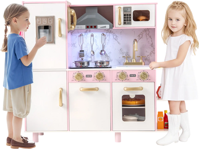 Costway Wooden Kids Kitchen Playset Ice Maker Sounds Pink 328469715 New