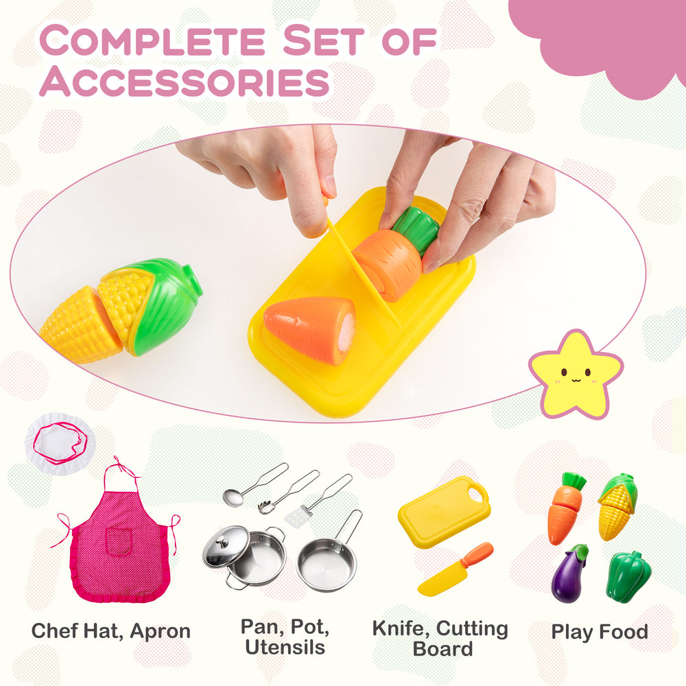 Complete set of kitchen accessories including chef hat, apron, utensils, and play food for imaginative cooking fun.