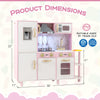 Wooden kitchen playset in pink with ice maker, sounds, and storage, designed for imaginative play for ages 3+.