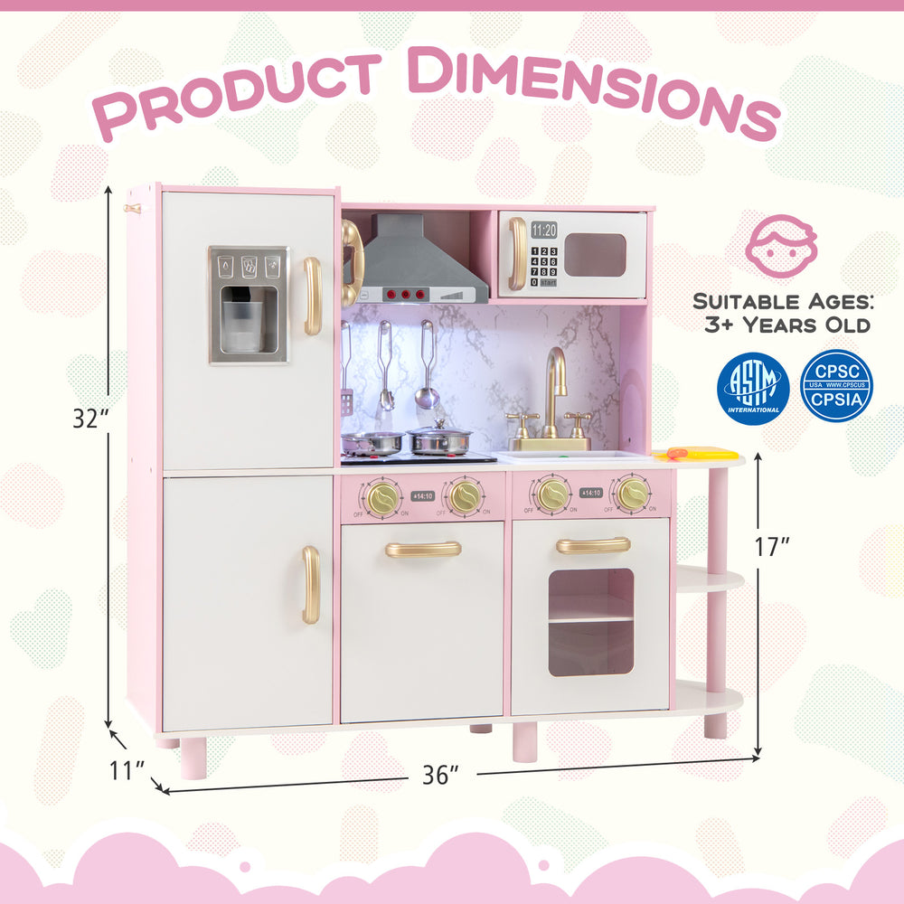 Wooden kitchen playset in pink with ice maker, sounds, and storage, designed for imaginative play for ages 3+.