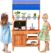 Wooden pretend play kitchen with height adjustable canopy, featuring planting cups and a versatile sink for kids.