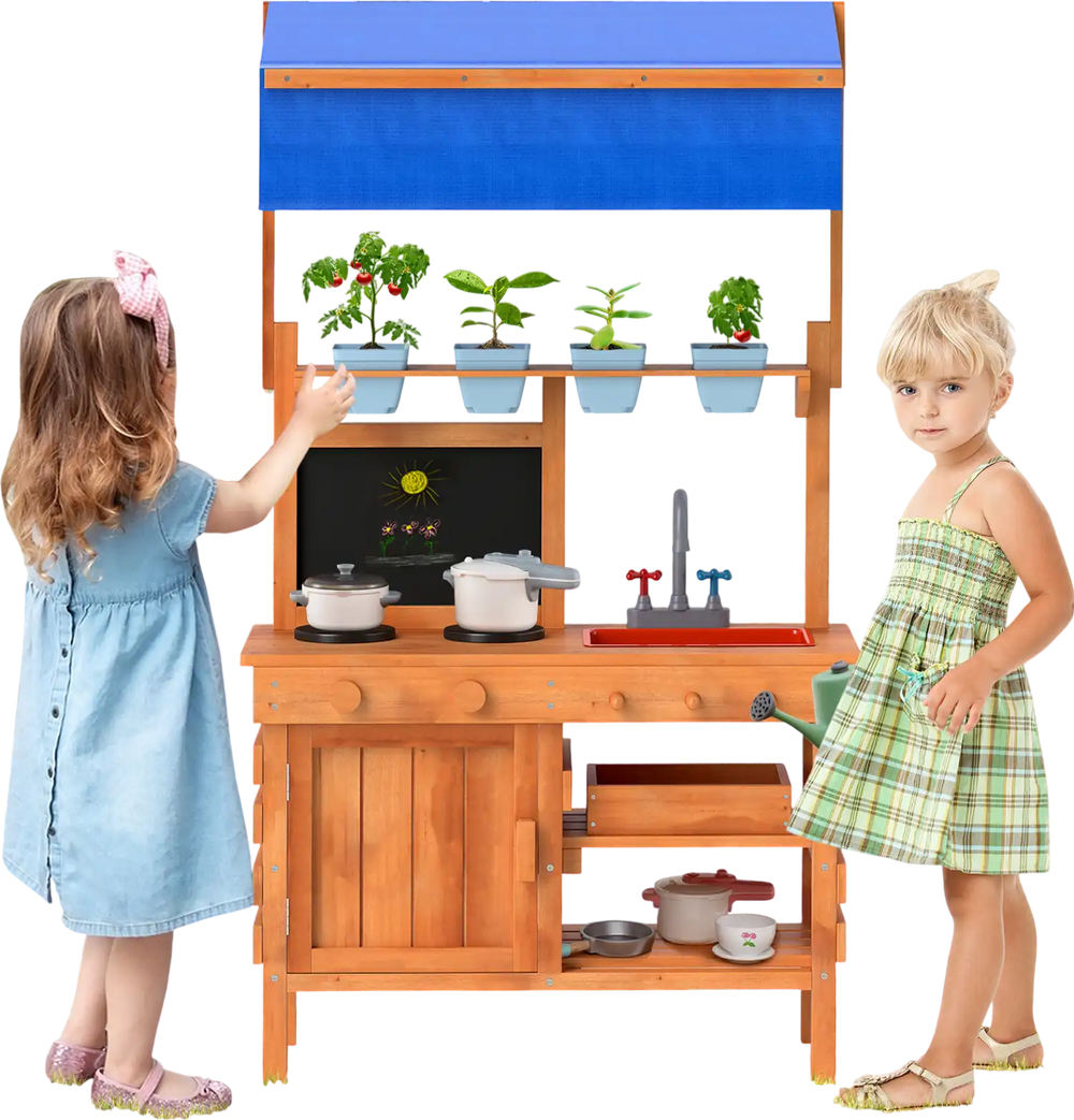 Wooden pretend play kitchen with height adjustable canopy, featuring planting cups and a versatile sink for kids.