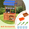 Wooden pretend play kitchen with height adjustable canopy, featuring a sink, planting cups, and rich accessories for.
