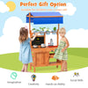 Wooden pretend play kitchen with height adjustable canopy, featuring planting cups and versatile sink for imaginative.